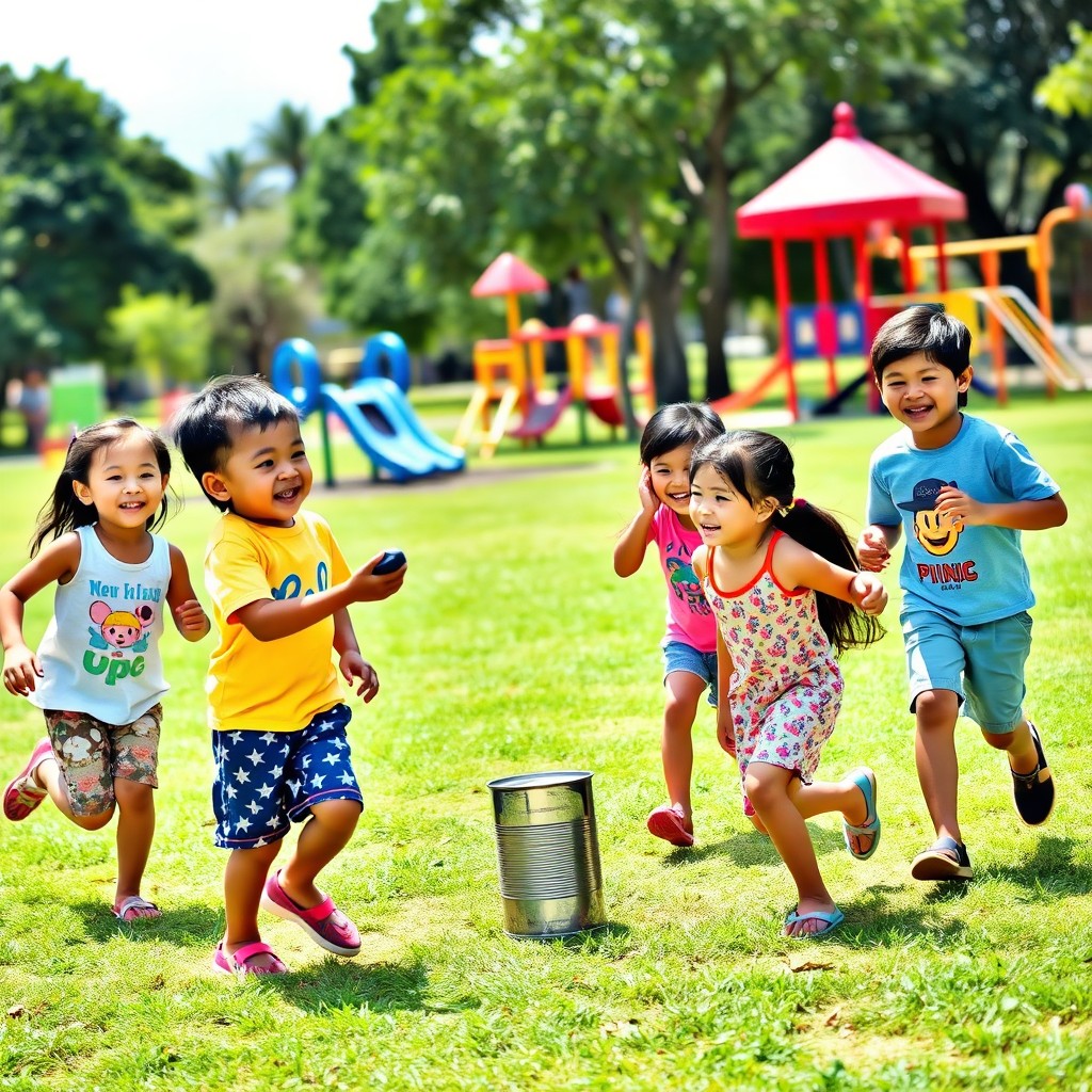 A lively scene of children playing tumbang preso, a traditional Filipino outdoor game