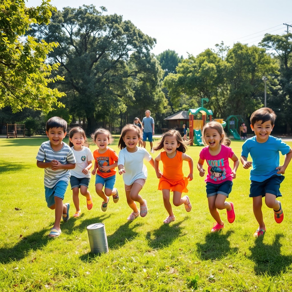 A vibrant scene of children joyfully playing tumbang preso, a traditional Filipino outdoor game
