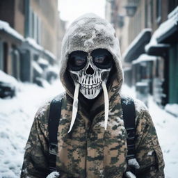 An urban winterland blanketed in snow during the day, featuring a person clad in full camo gear, their identity hidden by an ornate skeleton-masked helmet.