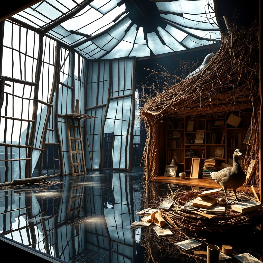 A striking and symbolic stage design for Henrik Ibsen's play 'The Wild Duck', featuring two interconnected settings