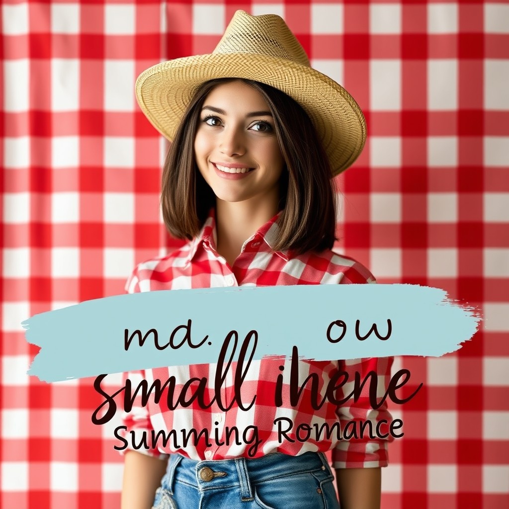 A charming book cover for a small town summer romance novel featuring a young Caucasian woman with fair skin, a dark brown shoulder-length straight bob hairstyle inspired by Elena Gilbert, and large brown eyes