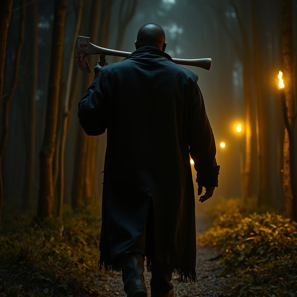 A back view of a huge African black man walking along a dense forest path, dressed in a black, large, old ragged coat