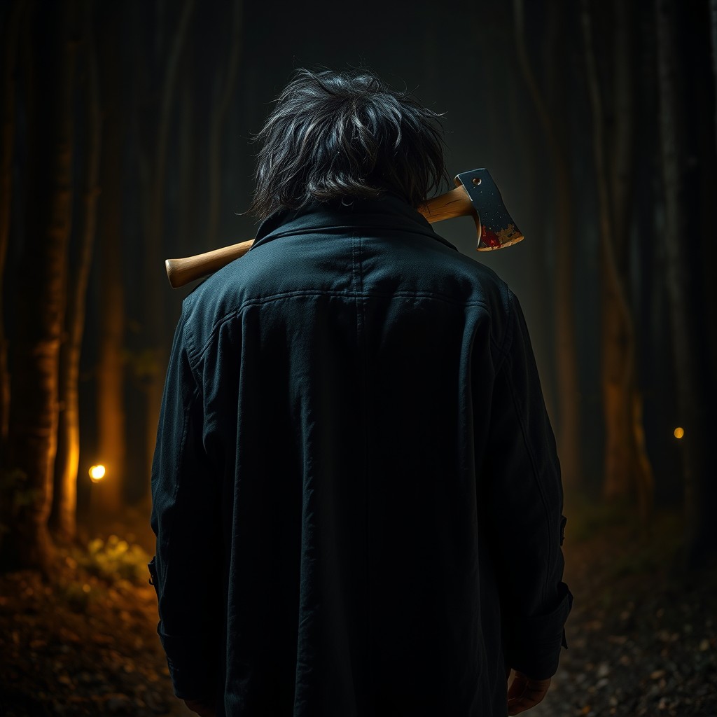 A dramatic night scene featuring a large African black man from a back view, showcasing his shaggy hair