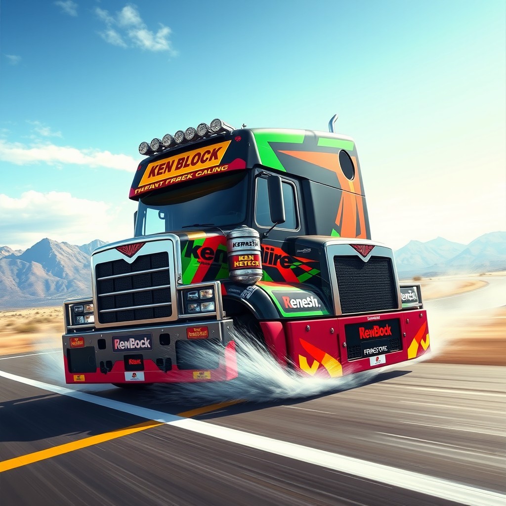 A detailed illustration of a Ken Block-inspired semi truck, showcasing a striking and colorful design with distinctive racing graphics