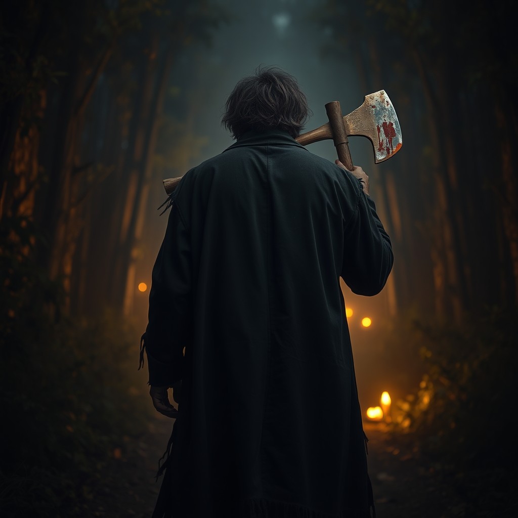A back view of a large African man with shaggy hair, dressed in a long, ragged black coat, walking along a dense forest path at night