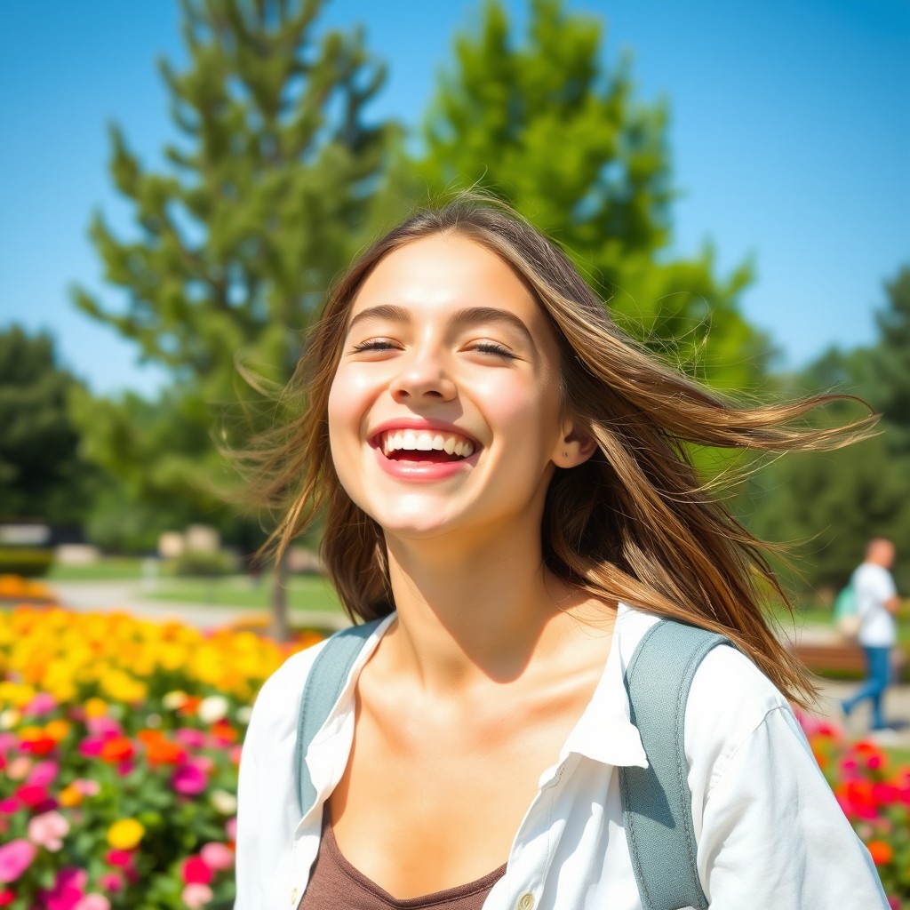 A beautiful and cheerful teenager with a bright smile, outdoors in a sunlit park, surrounded by vibrant flowers and green trees