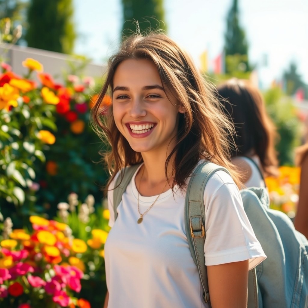 A beautiful and cheerful teenager with a joyful smile, wearing casual and trendy clothing, standing in a vibrant outdoor setting filled with colorful flowers and greenery