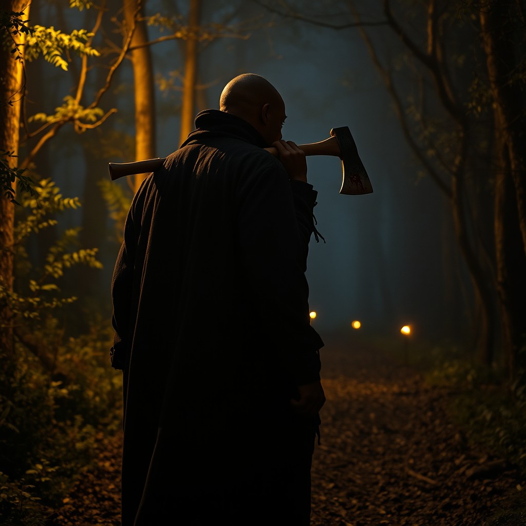 A huge African black man in a side view, dressed in a big old ragged black coat, walking along a dense forest path at night