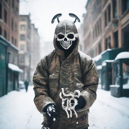 An urban winterland blanketed in snow during the day, featuring a person clad in full camo gear, their identity hidden by an ornate skeleton-masked helmet.