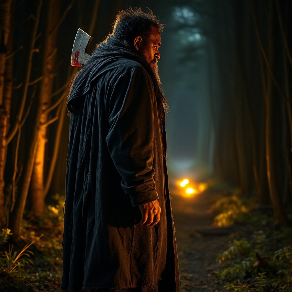 A huge African black man in a side view, dressed in a big, old, ragged black coat with shaggy hair