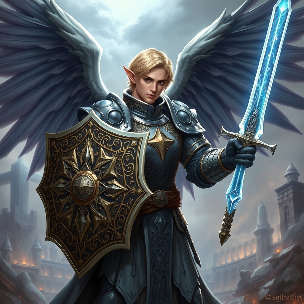A male elf half-elf eldritch knight with short blonde hair, wearing an intricately designed full plate armor that reflects a blend of elegance and strength