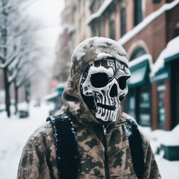 An urban winterland blanketed in snow during the day, featuring a person clad in full camo gear, their identity hidden by an ornate skeleton-masked helmet.