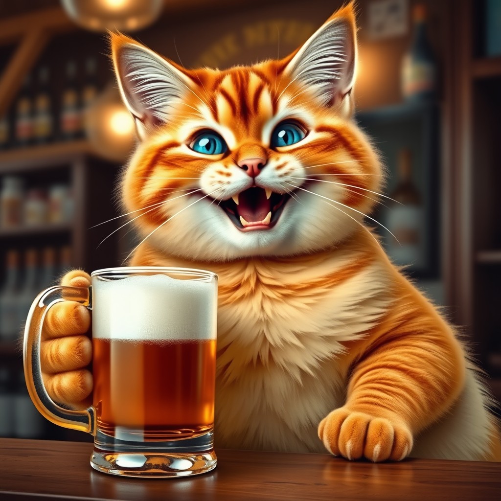 A joyful and humorous image of a large, chubby orange cat with big blue eyes and a wide, sweet smile