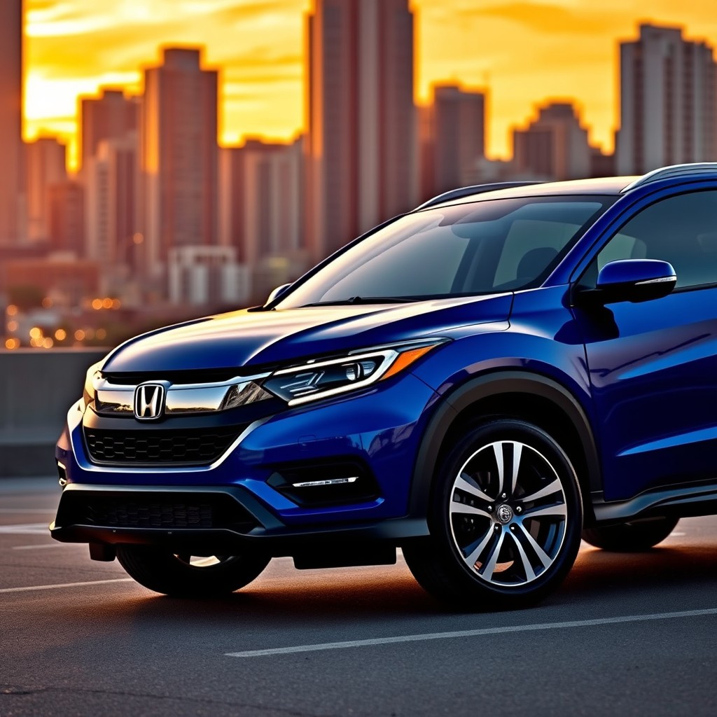 A sleek and modern Honda ZR-V SUV parked in an urban environment during sunset, highlighting its stylish lines and aerodynamic design