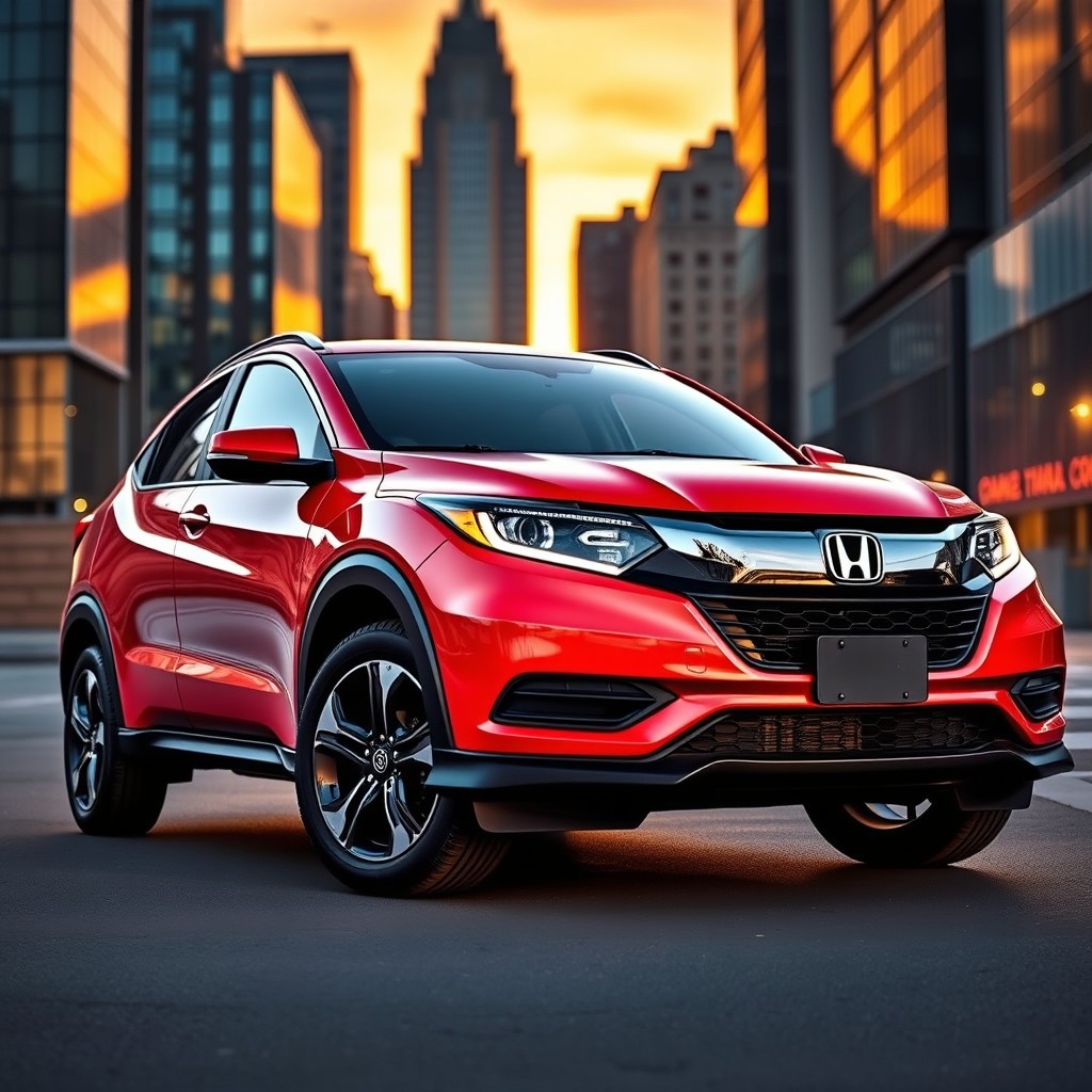 A sleek and modern Honda ZR-V crossover SUV parked in an urban environment at sunset, showcasing its stylish design and bold lines
