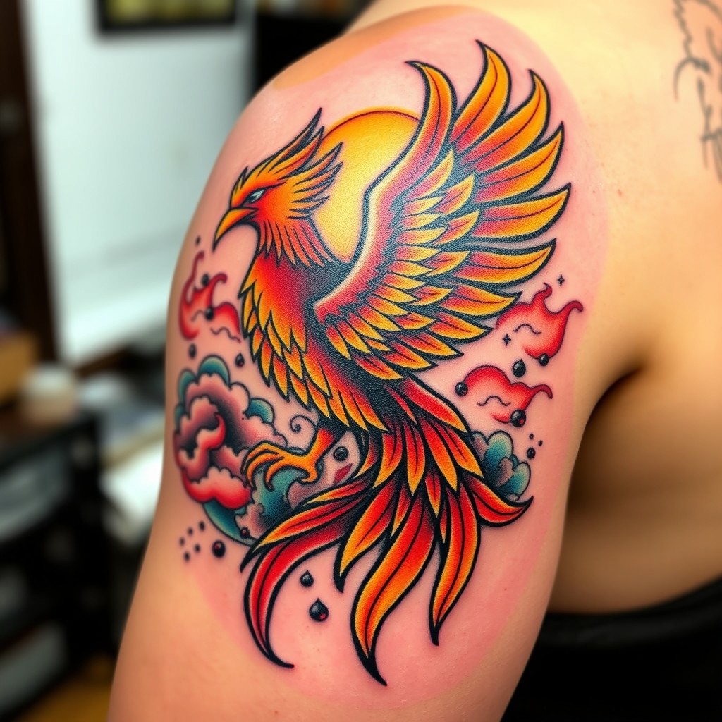 A vibrant and detailed tattoo design featuring a majestic phoenix rising from vibrant flames, with intricate feather details in shades of red, orange, and yellow