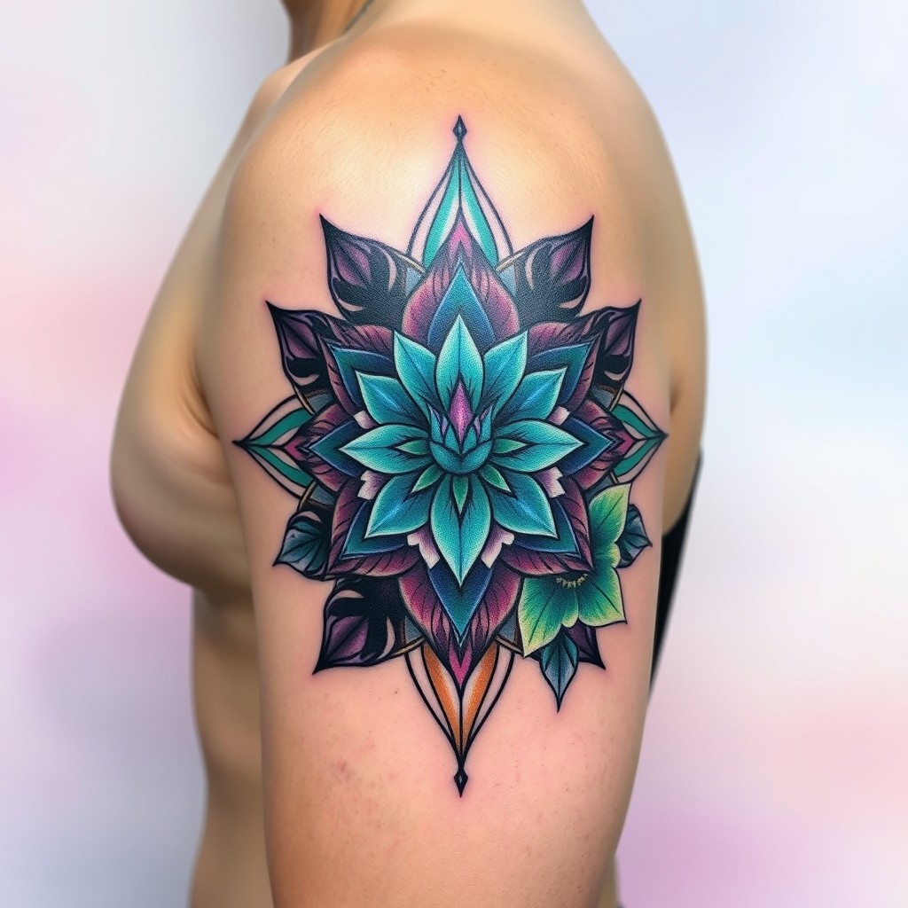 A striking tattoo design featuring intricate geometric patterns and floral elements, combining sharp angles with soft curves