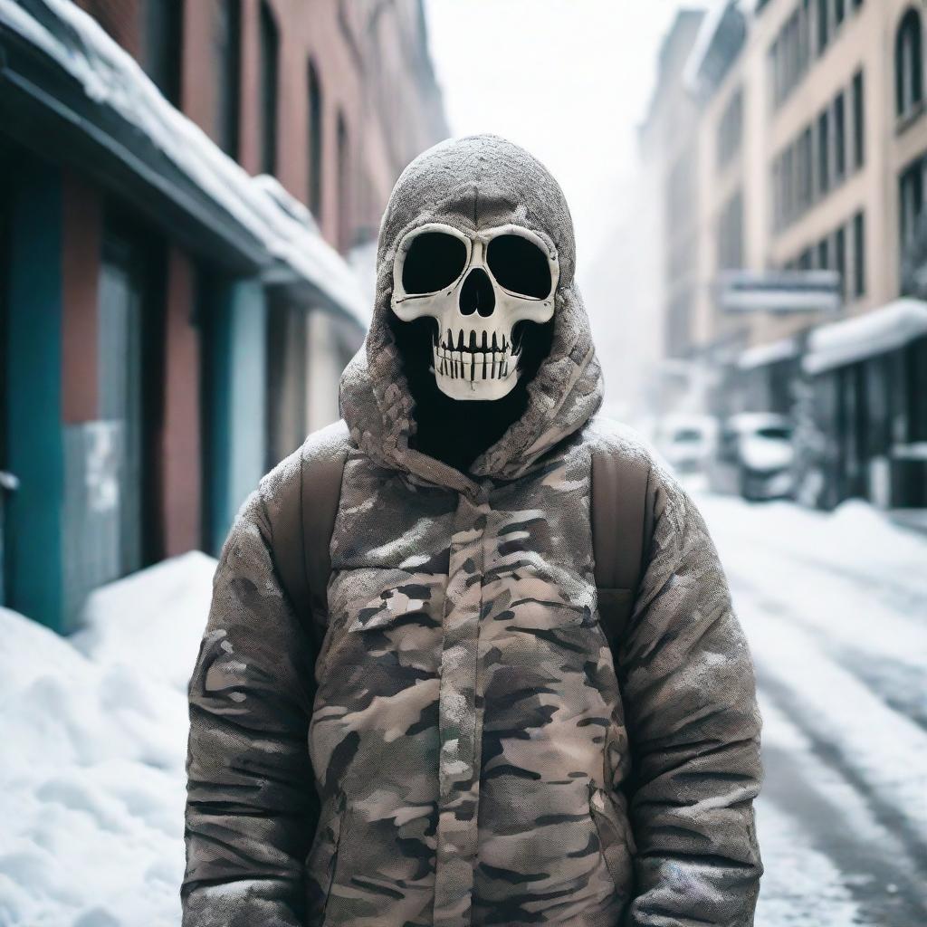 An urban winterland blanketed in snow during the day, featuring a person clad in full camo gear, their identity hidden by an ornate skeleton-masked helmet.