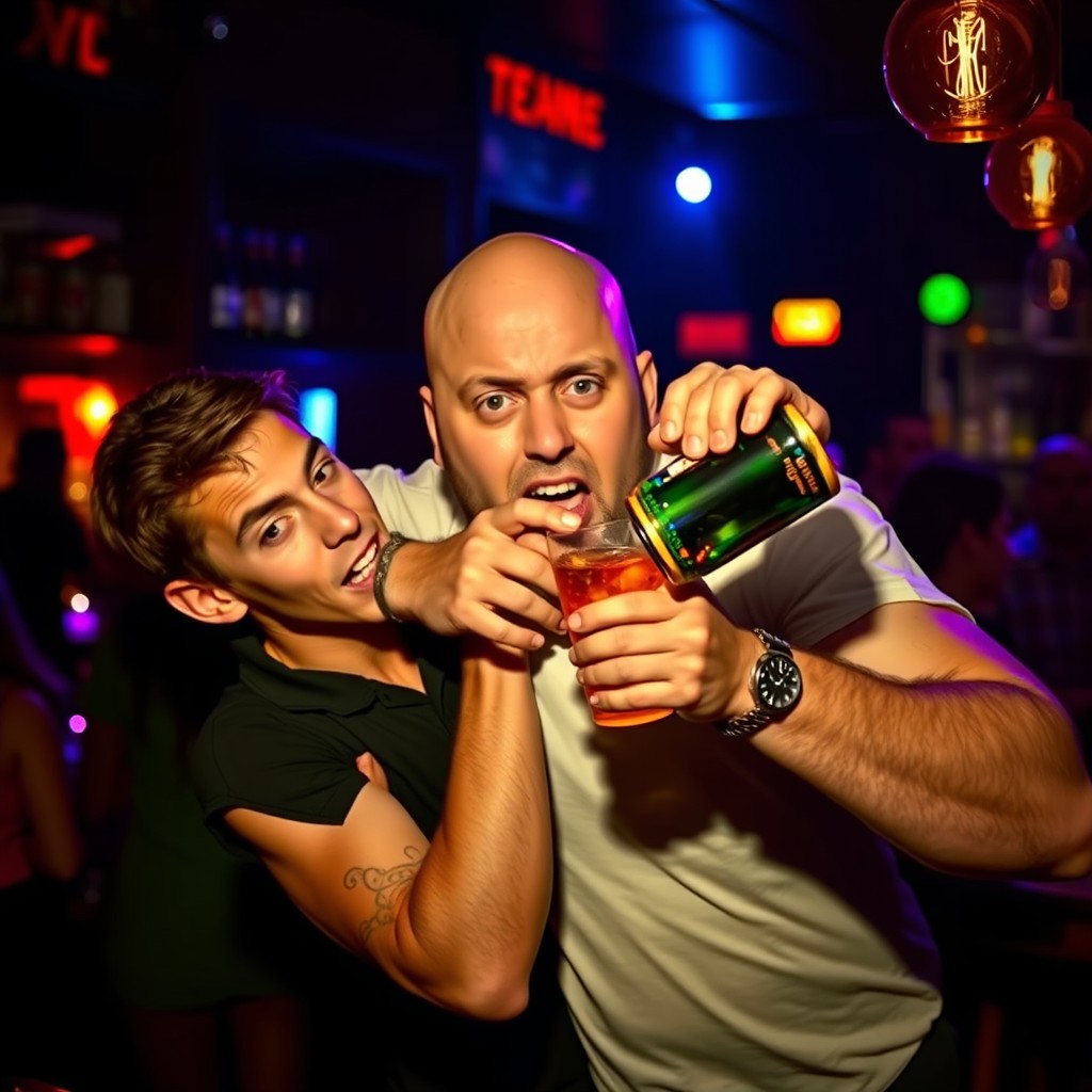 A dramatic scene set in a dimly lit bar with a 22-year-old young man being pushed against a wall by a bald, hefty man
