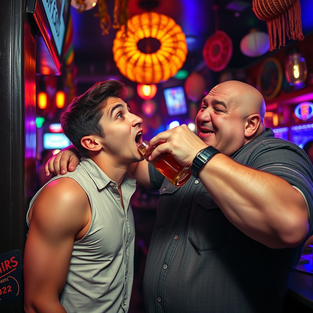 A vivid and dynamic scene capturing a 22-year-old young man being pushed against a wall in a bustling bar