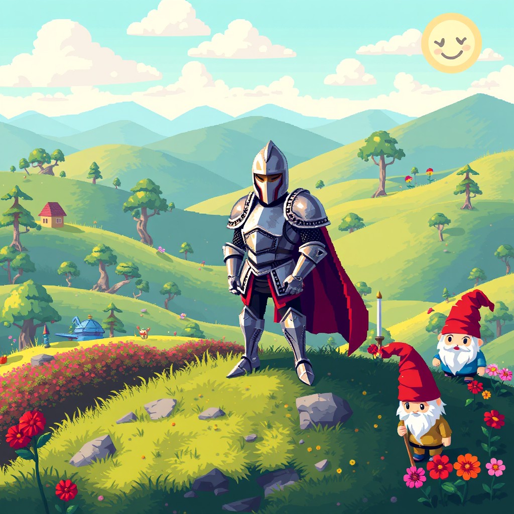 A vibrant and colorful pixel art scene featuring a brave knight in shining armor, standing proudly on a grassy knoll