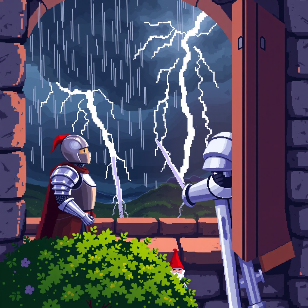 A pixel art scene featuring a knight looking out of a castle window