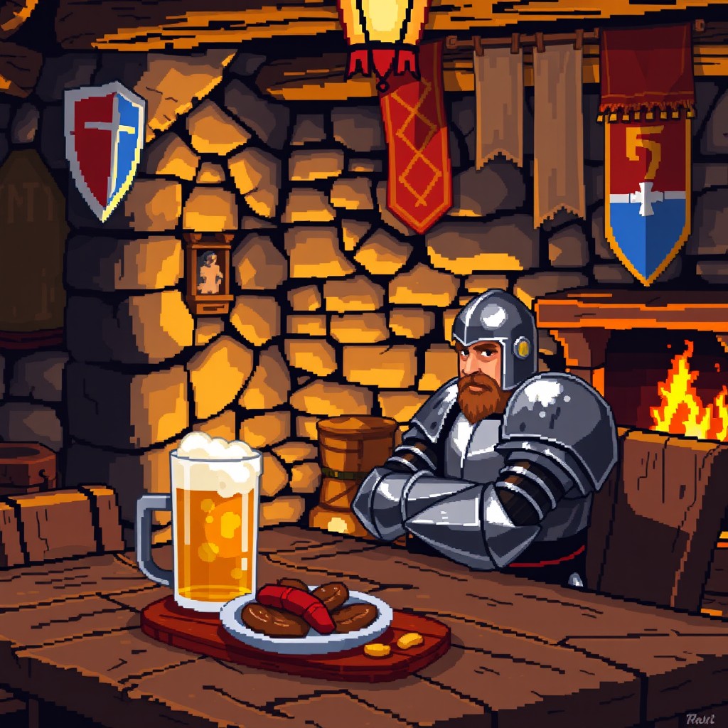 A detailed pixel art scene of a knight sitting at a wooden table inside a rustic tavern