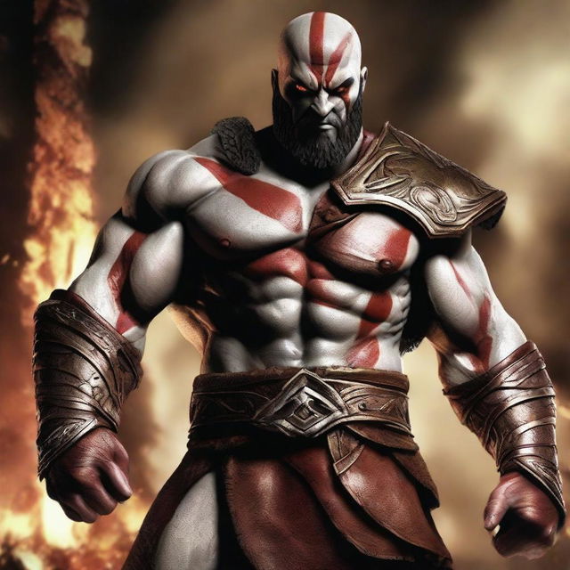 Display Kratos, the god-slaying Spartan warrior from the video game series 'God of War', looking fierce, muscular and battle-ready.