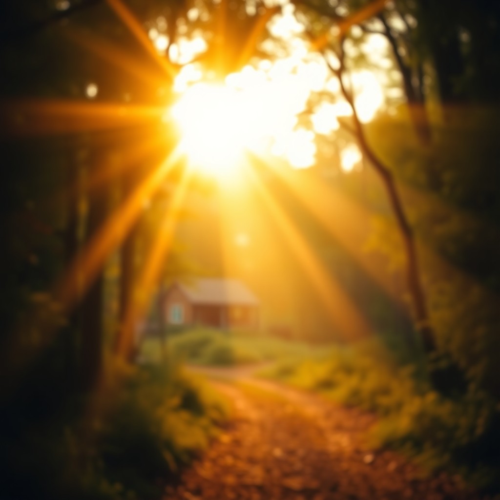A vibrant morning scene where the first rays of sunlight break through the dense foliage of a forest