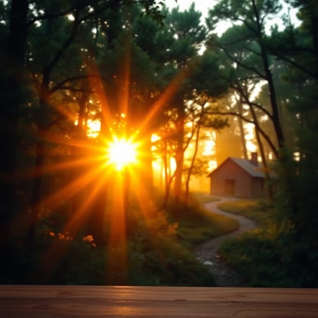 A captivating morning scene on a book cover, featuring the first rays of sunlight breaking through dense forest foliage