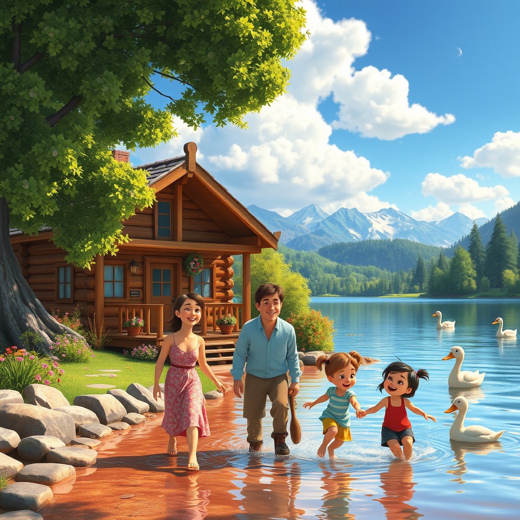An enchanting animated movie scene inspired by Disney, depicting a lively family holiday by a picturesque lake