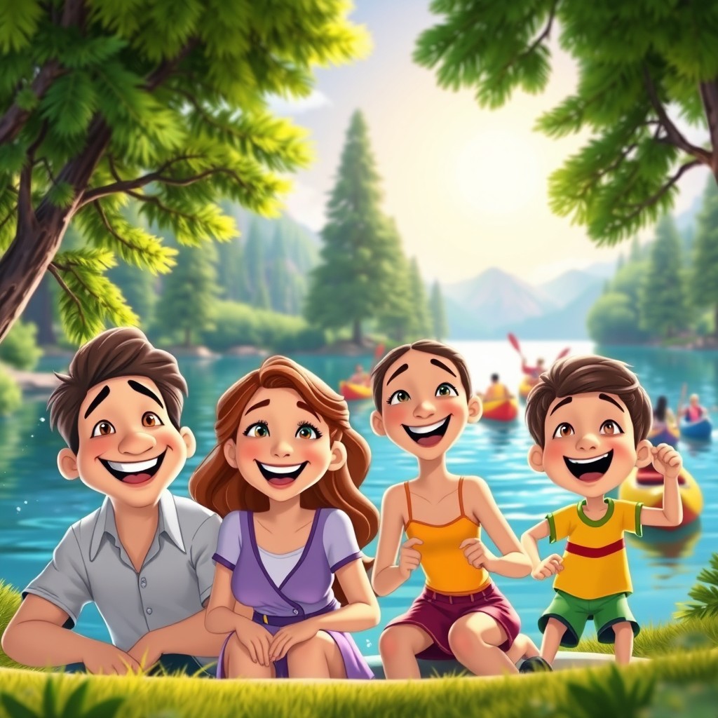 An animated Disney-style movie scene featuring a cheerful family enjoying a holiday at a picturesque lake