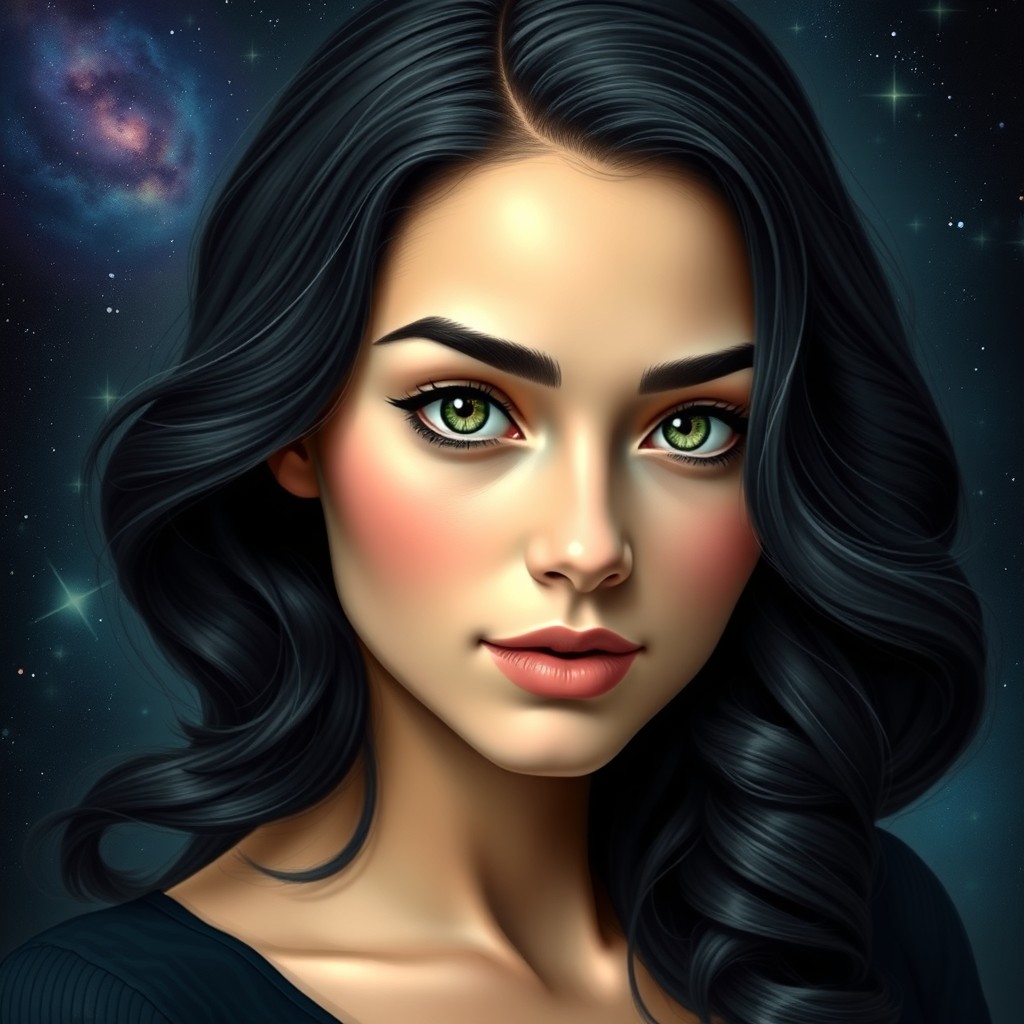 A portrait of a young woman with black hair styled in soft curls, featuring striking green eyes and a heart-shaped face