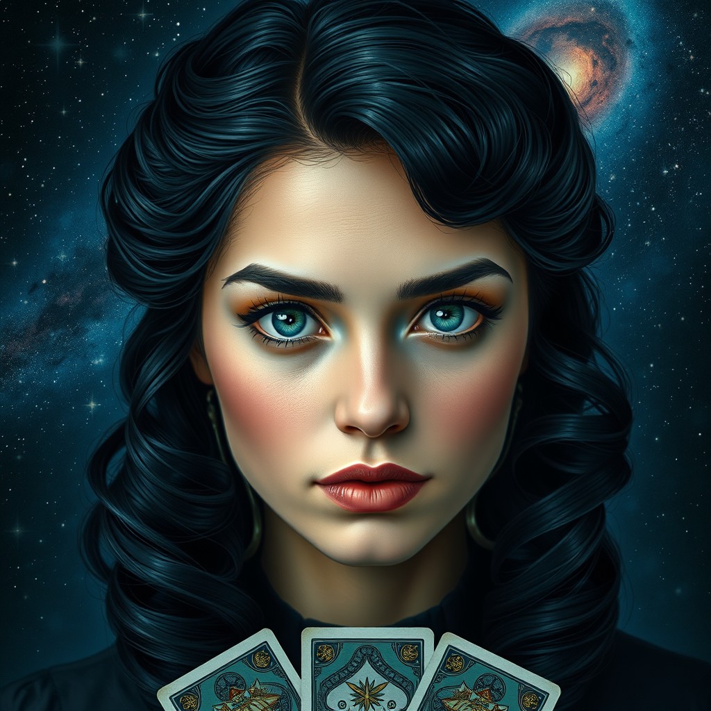 A captivating portrait of a young woman with black hair styled in soft curls, vivid green eyes, and a heart-shaped face