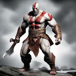 Display Kratos, the god-slaying Spartan warrior from the video game series 'God of War', looking fierce, muscular and battle-ready.