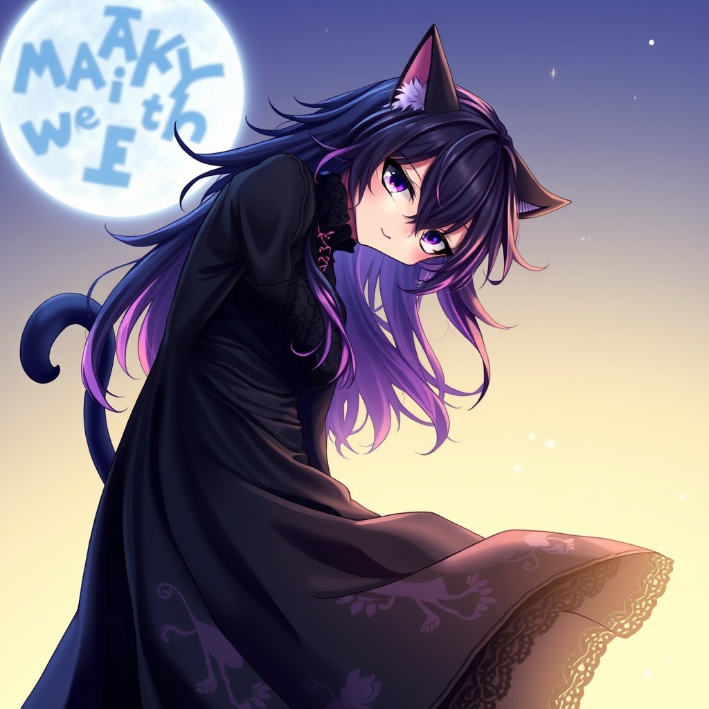 An emo cat boy character from anime, featuring distinctive cat ears and a long, flowing dress