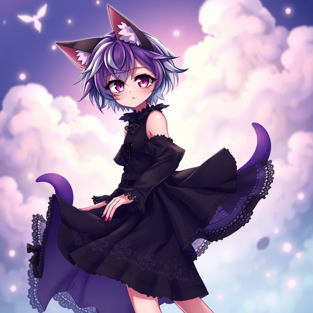 An emo cat boy character with striking cat-like features such as pointed ears and a fluffy tail, wearing a stylish, flowing dress that combines gothic and anime aesthetics
