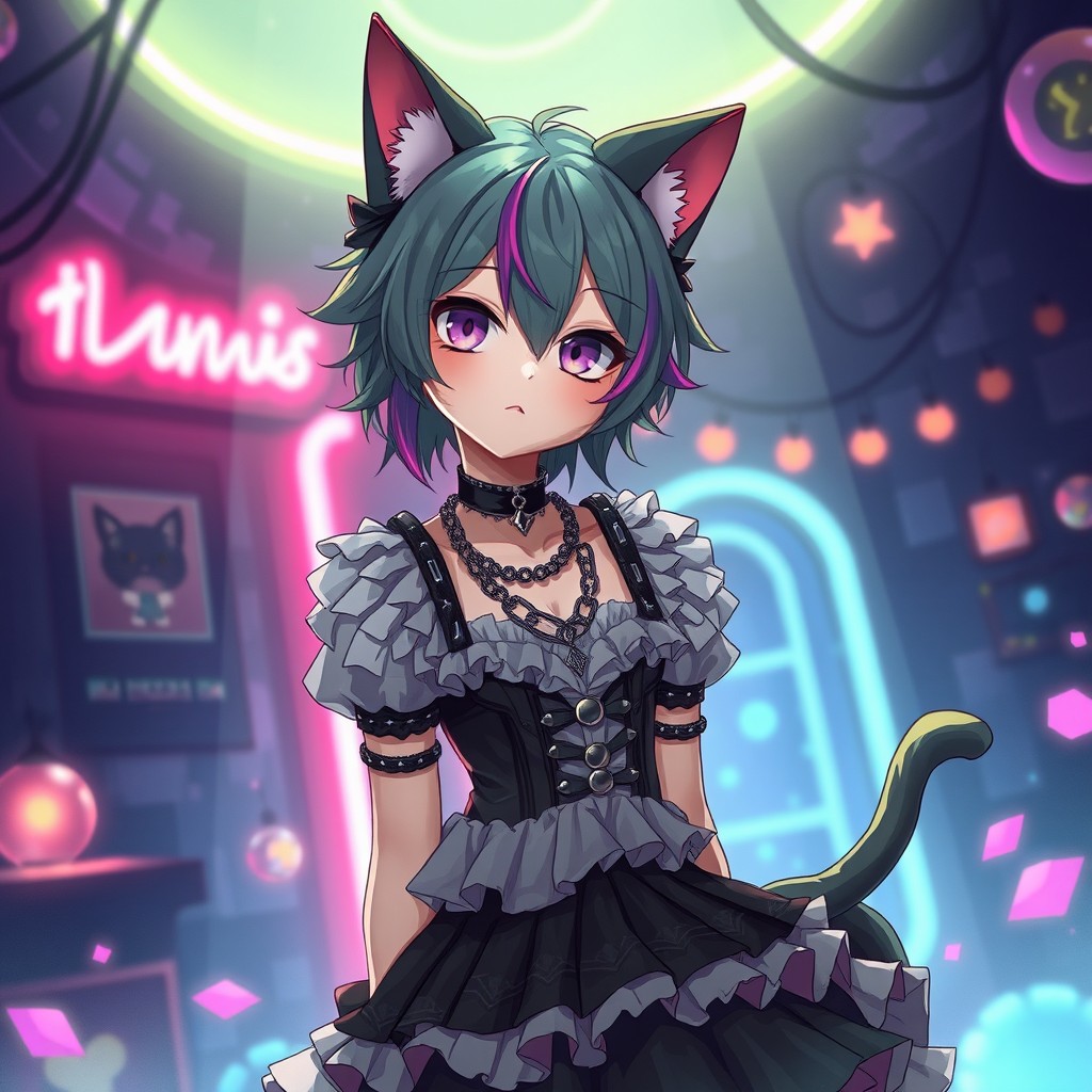 An emo cat boy character in a stylish dress, showcasing an edgy yet fashionable look