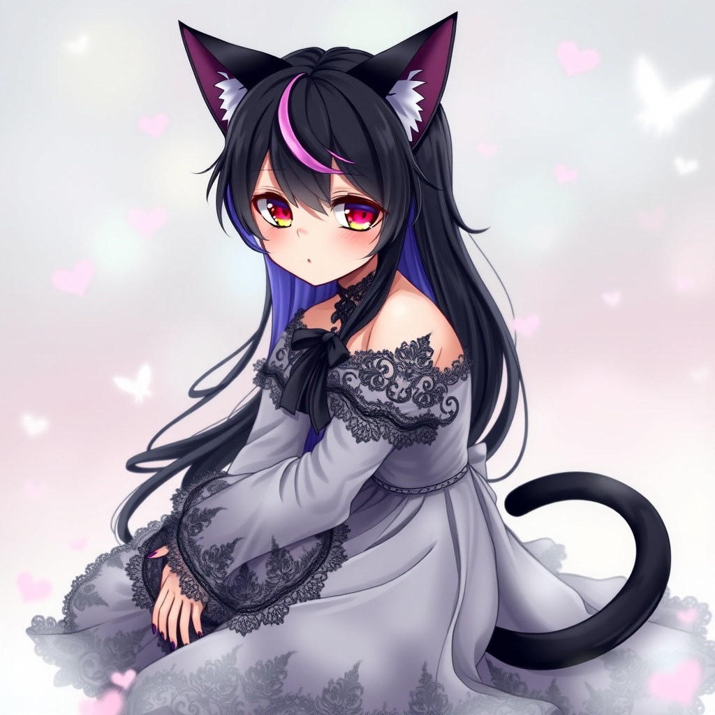 An emo cat boy character in an elegant dress, sitting gracefully