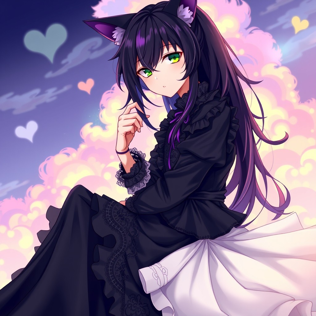 An emo cat boy character in a stylish and elaborate dress, sitting in a thoughtful pose