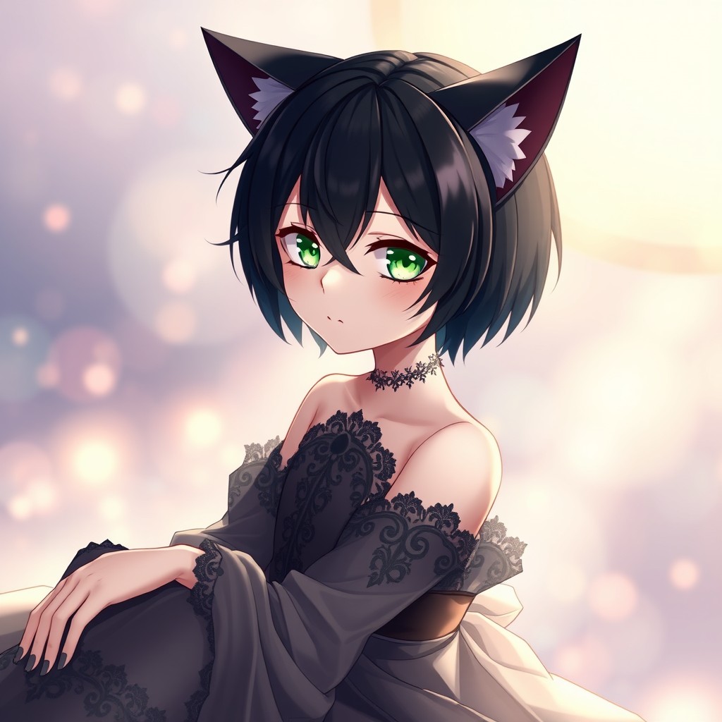 An emo cat boy character with stylish black short hair, clad in an elegant dress, sitting in a reflective pose