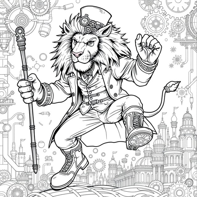 A detailed and elegant black and white coloring page of a fearsome lion in a dynamic jumping pose