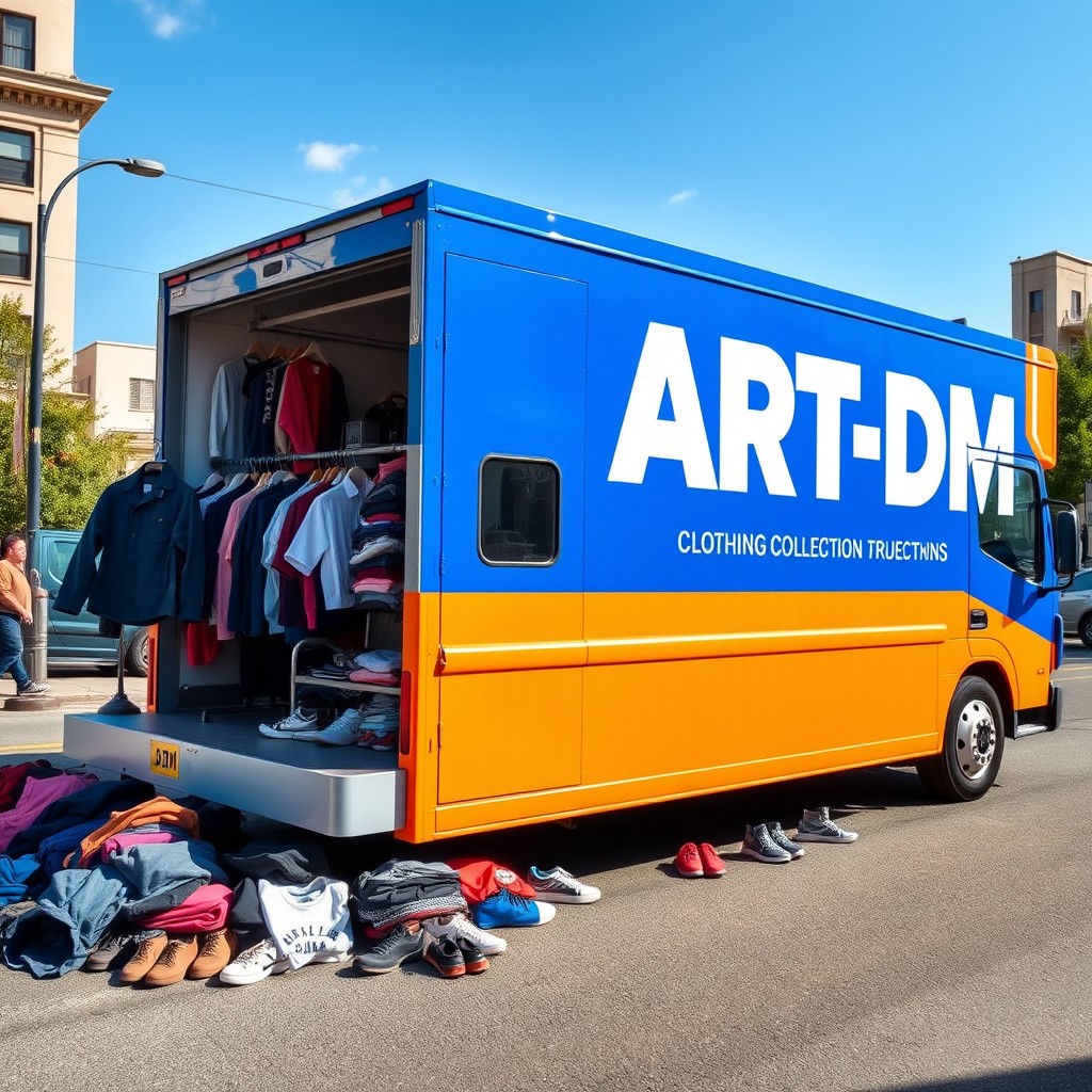A modern and sleek clothing collection truck for the brand ART-DM, featuring a vibrant and visually appealing design