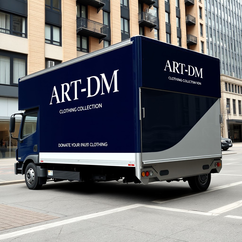 A sophisticated and professional clothing collection truck designed for the brand ART-DM