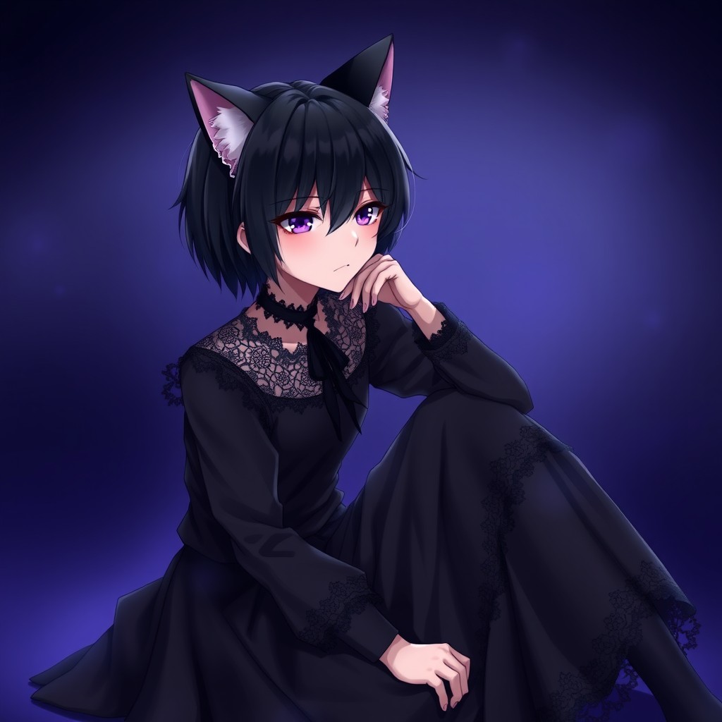 An emo cat boy character with sleek black short hair, wearing a full black dress as he sits thoughtfully