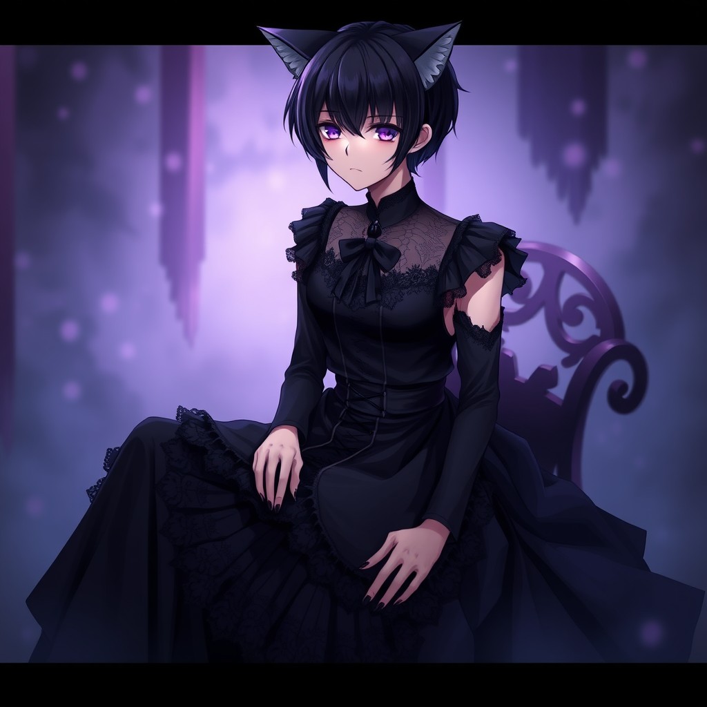 An emo cat boy character with sleek black short hair, seated in an elegant pose while wearing a full black dress