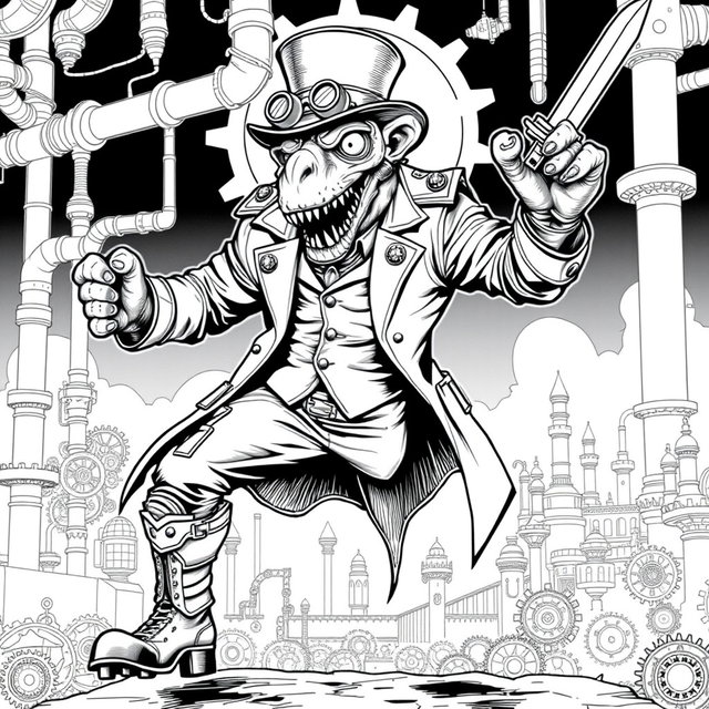 A black and white coloring page illustration of a scary steampunk cyclops in a dynamic jumping pose