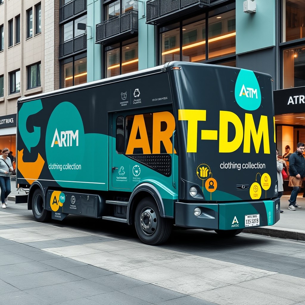 A striking and eye-catching clothing collection truck designed for the brand ART-DM