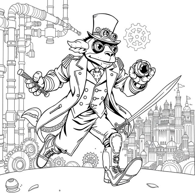 A black and white coloring page featuring a steampunk mythical cyclops in a dynamic running pose