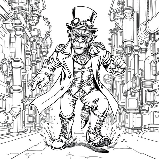 A detailed black and white coloring page featuring a steampunk cyclops in a dynamic running pose